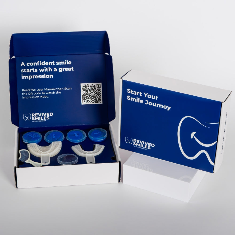 Revived Smiles dental impression kit with open box and QR code on a white background