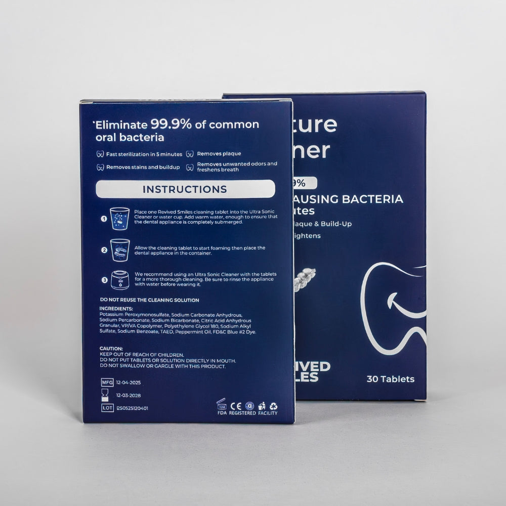 Two Revived Smiles Denture Cleaning Tablets Boxes on a white background.