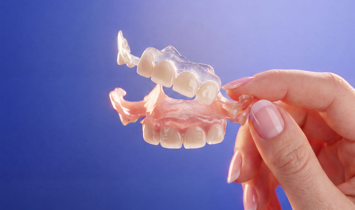 Clear and Pink Flexible Partials, Front teeth with hand