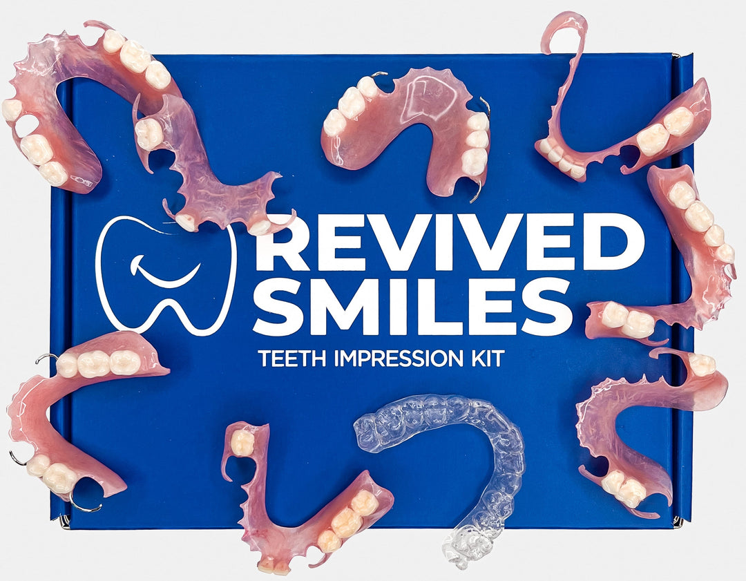 Teeth impression kit packaging with 'Revived Smiles' branding on a blue background