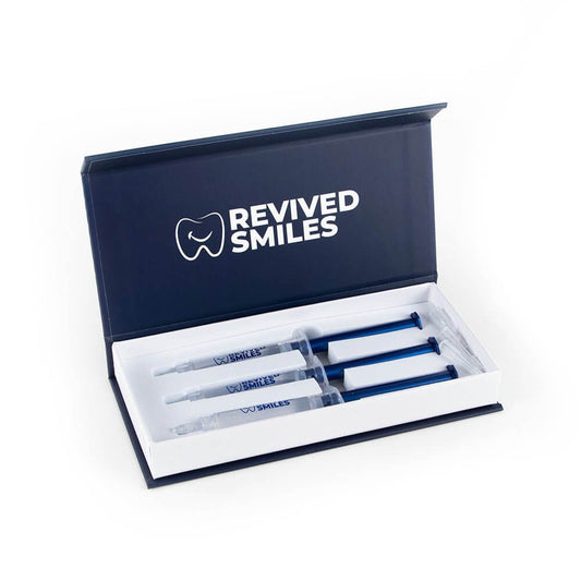 Open box of 'Revived Smiles' dental products on a white background